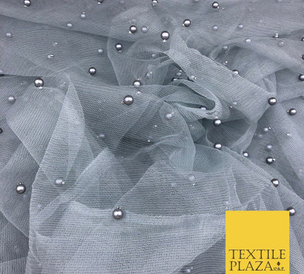 STEEL GREY Studded Pearl Mesh Net Fabric Bridal Soft Sheer Craft Dress 927