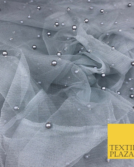 STEEL GREY Studded Pearl Mesh Net Fabric Bridal Soft Sheer Craft Dress 927