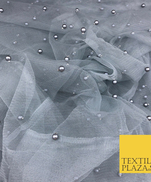 STEEL GREY Studded Pearl Mesh Net Fabric Bridal Soft Sheer Craft Dress 927