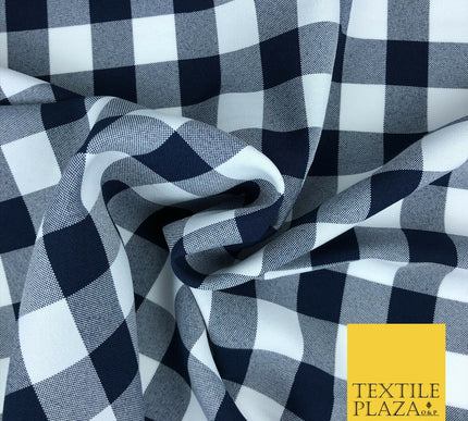 Navy & White Gingham Check Bi-Stretch Fabric - Uniform Skirts Trousers 58" 1350