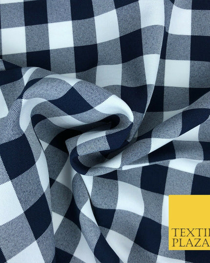 Navy & White Gingham Check Bi-Stretch Fabric - Uniform Skirts Trousers 58" 1350