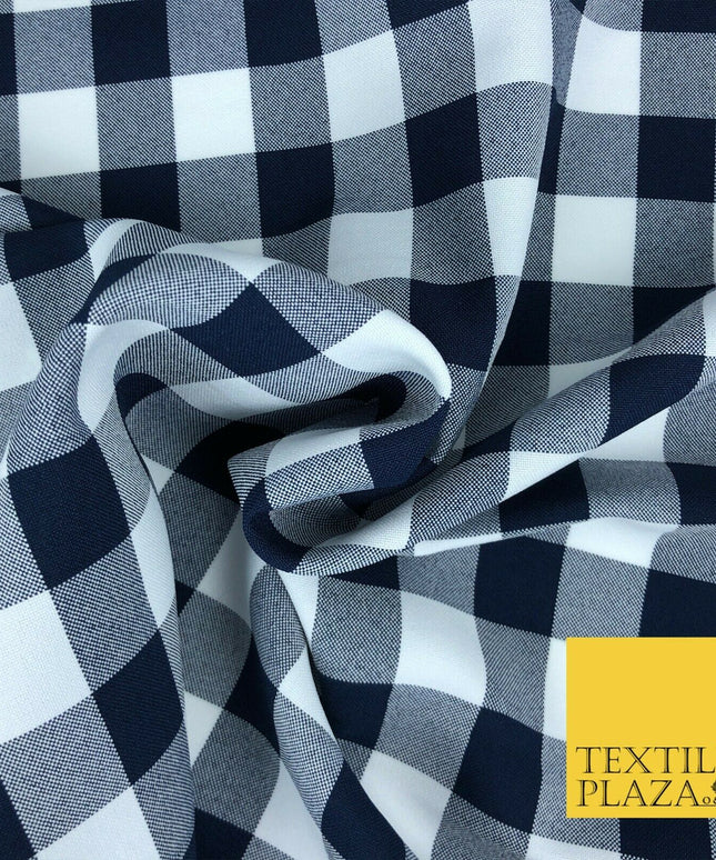 Navy & White Gingham Check Bi-Stretch Fabric - Uniform Skirts Trousers 58" 1350