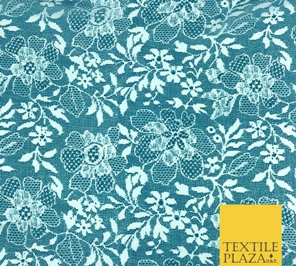 TEAL Floral Webbed Flower Printed Chiffon Dress Scarf Fabric Sheer Craft 58"1343