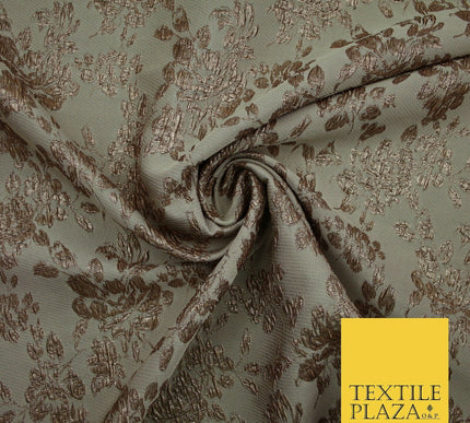 TAUPE BROWN Creased Metallic Rose Flowers Textured Brocade Jacquard Dress Fabric