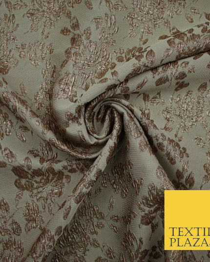 TAUPE BROWN Creased Metallic Rose Flowers Textured Brocade Jacquard Dress Fabric
