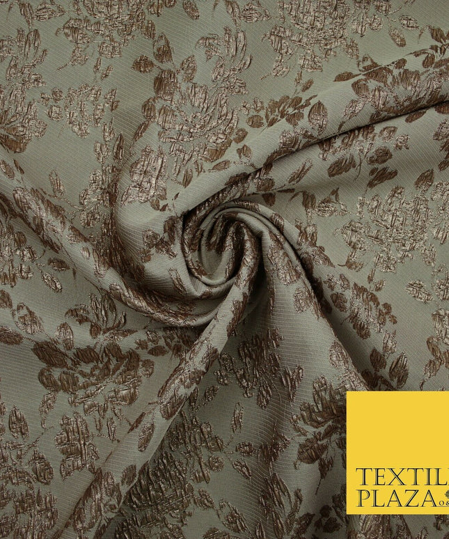 TAUPE BROWN Creased Metallic Rose Flowers Textured Brocade Jacquard Dress Fabric