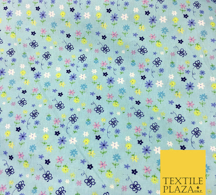 Sky Blue Cotton Flower Butterfly Printed Fabric Material- Pretty Craft Dress 45"