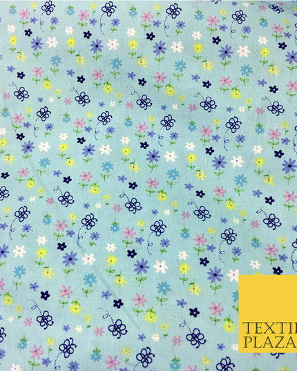 Sky Blue Cotton Flower Butterfly Printed Fabric Material- Pretty Craft Dress 45"