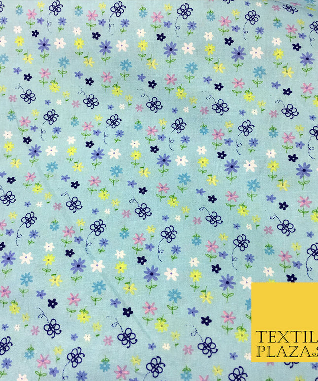 Sky Blue Cotton Flower Butterfly Printed Fabric Material- Pretty Craft Dress 45"