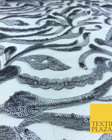 SILVER / GREY Swirl Sequin Net Lace Fancy Botanical Embroidered Net KB263