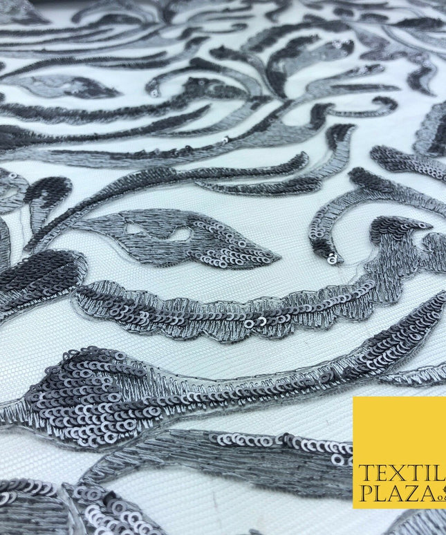 SILVER / GREY Swirl Sequin Net Lace Fancy Botanical Embroidered Net KB263