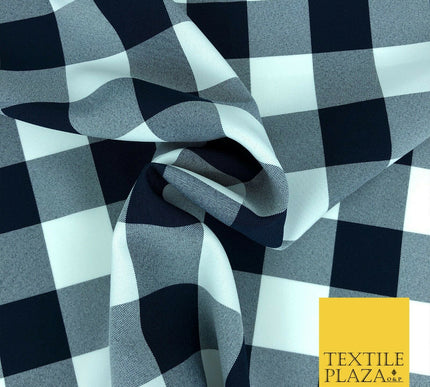 Navy Blue & White Large Gingham Check Bi-Stretch Fabric Uniform Skirts 58" 1353