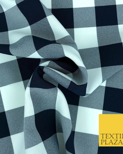 Navy Blue & White Large Gingham Check Bi-Stretch Fabric Uniform Skirts 58" 1353