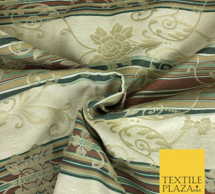 Ivory Cream Ornate Floral Stripes Fabric - Sofa Upholstery Curtain Heavy 1354