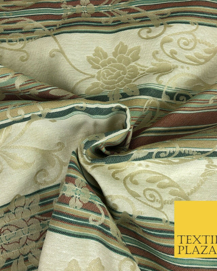 Ivory Cream Ornate Floral Stripes Fabric - Sofa Upholstery Curtain Heavy 1354