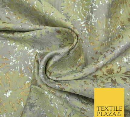 Tea Green Grey Petunia Floral Silver Metallic Brocade Jacquard Dress Fabric 1893
