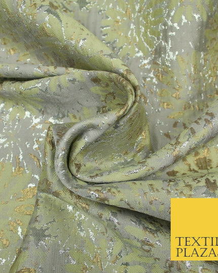 Tea Green Grey Petunia Floral Silver Metallic Brocade Jacquard Dress Fabric 1893