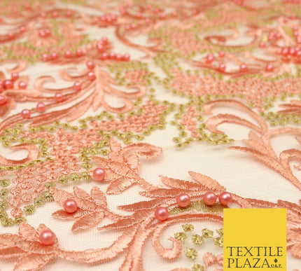 Luxury Embroidered Ornate Pearl Gold Speckle Net Dress Fabric Wedding Fancy
