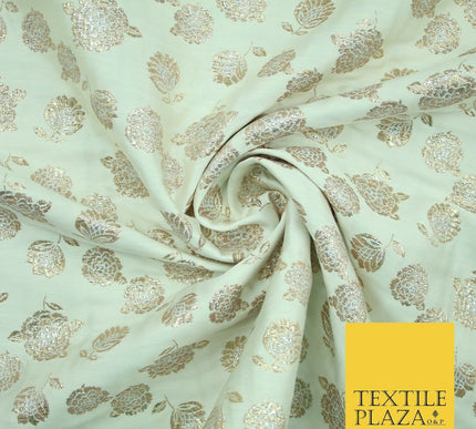 Mint Green Ivory Blue Metallic Gold Roses Textured Brocade Jacquard Dress Fabric