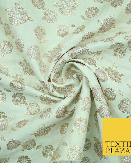 Mint Green Ivory Blue Metallic Gold Roses Textured Brocade Jacquard Dress Fabric