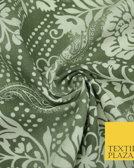 Grey White Shaded Floral Henna Dotted Paisleys Printed Cotton Linen Fabric 2204