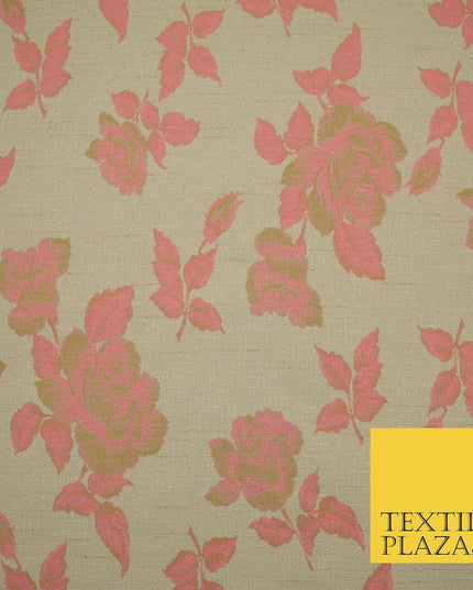 Beige Flo Green Pink Flower Textured Jacquard Floral Dress Fabric 59" Wide