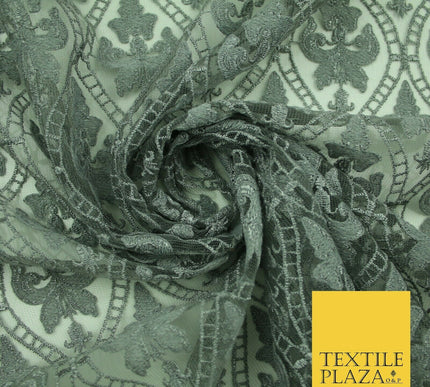 Silver Grey Ornate Floral Ogee Embroidered Mesh Net Dress Fabric Craft 2860