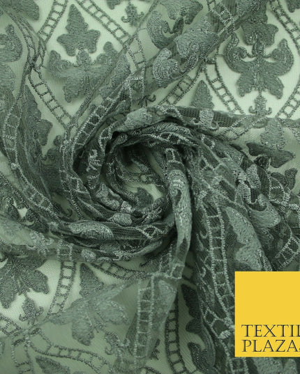 Silver Grey Ornate Floral Ogee Embroidered Mesh Net Dress Fabric Craft 2860