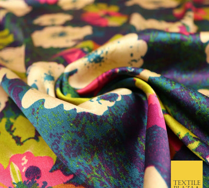 Watercolour Blue Purple Lime Fuchsia Floral Printed Charmeuse Satin Fabric 2941