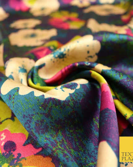 Watercolour Blue Purple Lime Fuchsia Floral Printed Charmeuse Satin Fabric 2941