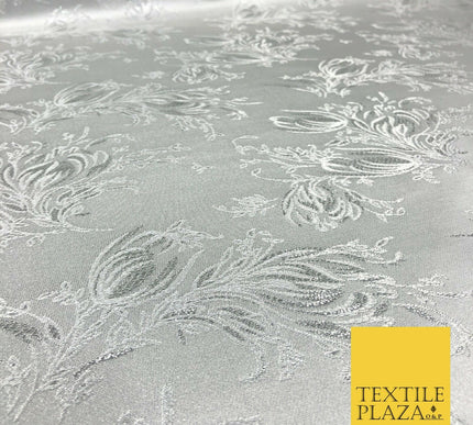 SILVER Feather Flowers Ornamental Brocade Dress Fabric Metallic Woven Fancy 1294