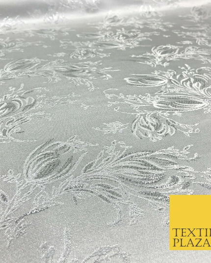 SILVER Feather Flowers Ornamental Brocade Dress Fabric Metallic Woven Fancy 1294