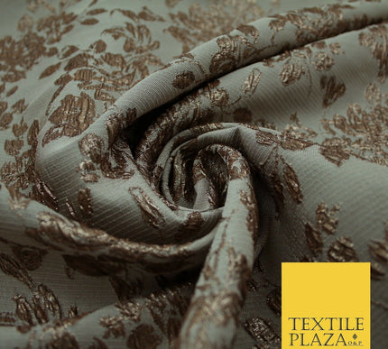 TAUPE BROWN Creased Metallic Rose Flowers Textured Brocade Jacquard Dress Fabric