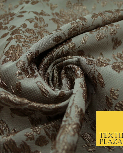 TAUPE BROWN Creased Metallic Rose Flowers Textured Brocade Jacquard Dress Fabric