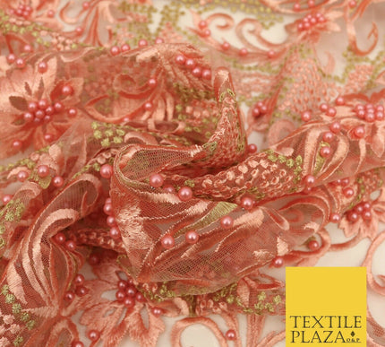 Luxury Embroidered Ornate Pearl Gold Speckle Net Dress Fabric Wedding Fancy