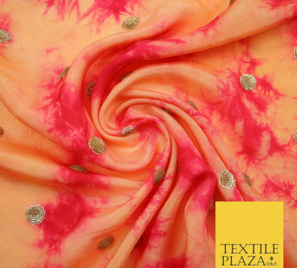 Genuine Tie Dye Two Colour Hand Print Faux Indian Silk Sequin Embroidery Fabric