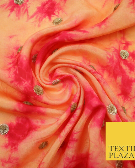 Genuine Tie Dye Two Colour Hand Print Faux Indian Silk Sequin Embroidery Fabric