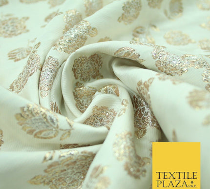Mint Green Ivory Blue Metallic Gold Roses Textured Brocade Jacquard Dress Fabric