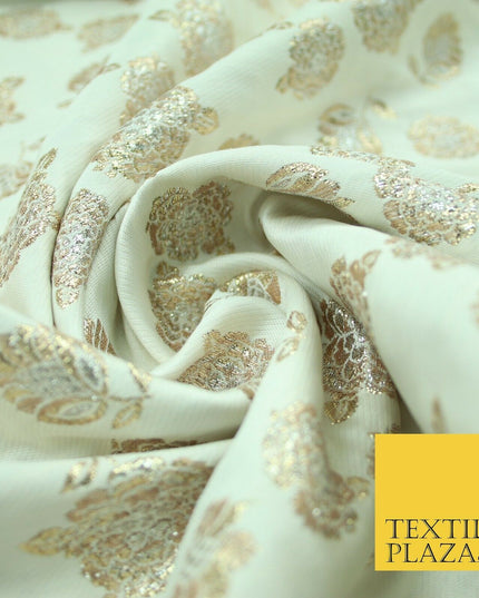 Mint Green Ivory Blue Metallic Gold Roses Textured Brocade Jacquard Dress Fabric