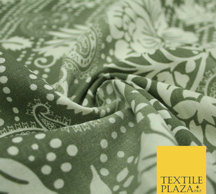 Grey White Shaded Floral Henna Dotted Paisleys Printed Cotton Linen Fabric 2204