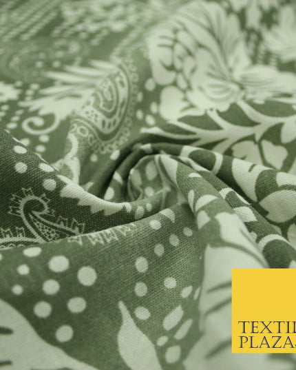 Grey White Shaded Floral Henna Dotted Paisleys Printed Cotton Linen Fabric 2204