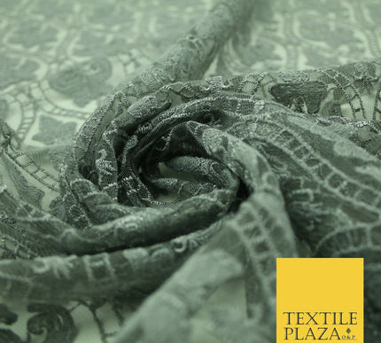 Silver Grey Ornate Floral Ogee Embroidered Mesh Net Dress Fabric Craft 2860