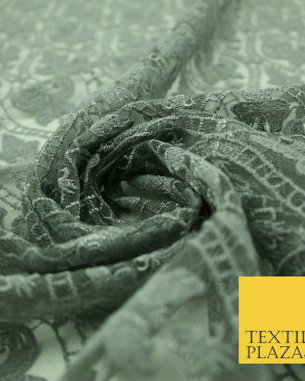 Silver Grey Ornate Floral Ogee Embroidered Mesh Net Dress Fabric Craft 2860