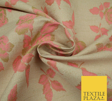 Beige Flo Green Pink Flower Textured Jacquard Floral Dress Fabric 59" Wide