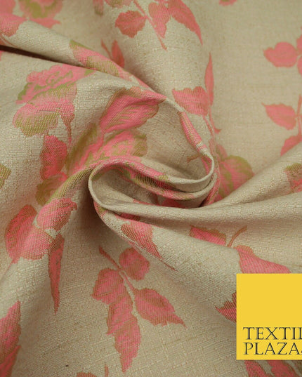 Beige Flo Green Pink Flower Textured Jacquard Floral Dress Fabric 59" Wide