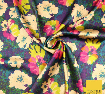 Watercolour Blue Purple Lime Fuchsia Floral Printed Charmeuse Satin Fabric 2941