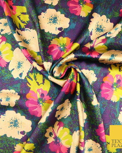 Watercolour Blue Purple Lime Fuchsia Floral Printed Charmeuse Satin Fabric 2941
