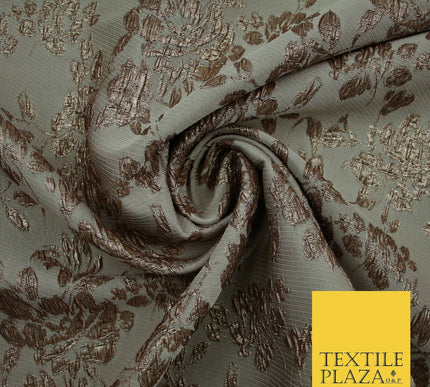 TAUPE BROWN Creased Metallic Rose Flowers Textured Brocade Jacquard Dress Fabric