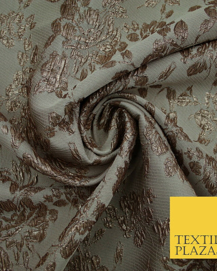 TAUPE BROWN Creased Metallic Rose Flowers Textured Brocade Jacquard Dress Fabric