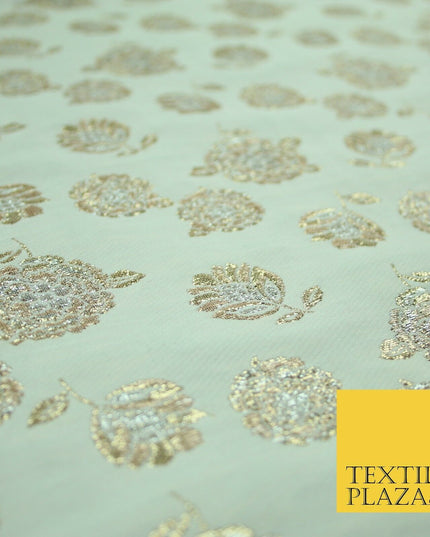 Mint Green Ivory Blue Metallic Gold Roses Textured Brocade Jacquard Dress Fabric